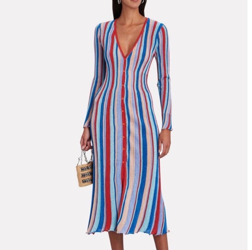 MISA Los Angeles Rafael Striped Metallic Rib Knit Midi Dress Blue Combo